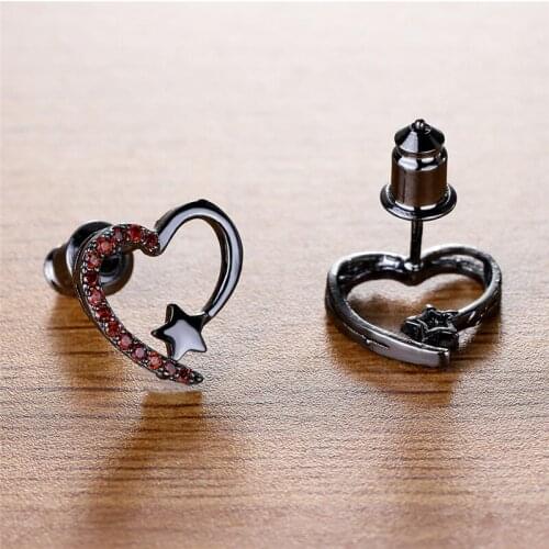 Vintage Black Gold Earrings Red Crystal Stone Cute Small Star Earrings Boho Hollow Heart Stud Earrings For Women Fashion Jewelry