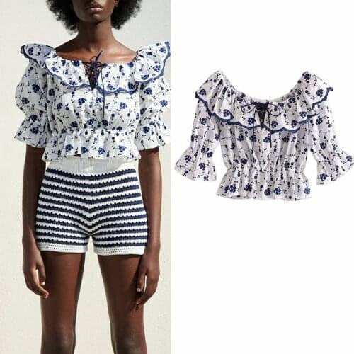 KUMSVAG Women Summer Sweet Short Blouses Tops Shirts 2021 ZA Short Sleeve Ruffles Print Female Fashion Elasticity Top Clothes