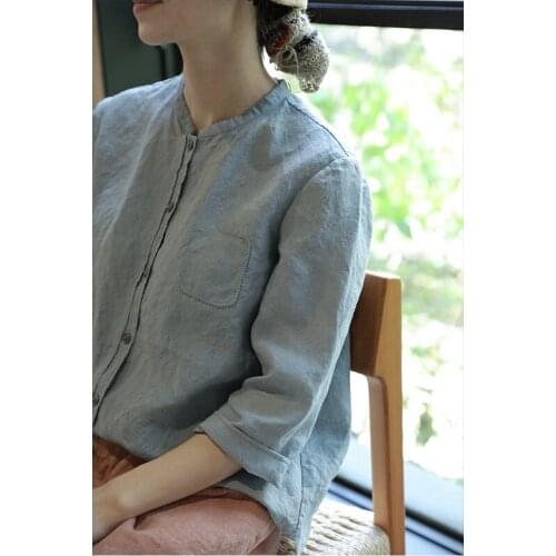 2021 autumn new literary flower yarn linen stand collar single breasted loose seven Sleeve Shirt Top Women 0901