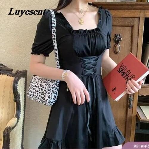 Women Black Gothic Mini Dress 2021 Summer Lady Square Collar Lace-up Bandage Slim Empire Short Sleeve Dresses Cool Streetwear