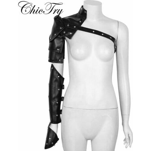 2PCS Mens Gothic Steampunk Style PU Adjustable Metal Rivets Shoulder Armors with Arm Strap Set Cosplay Party Costume Accessory