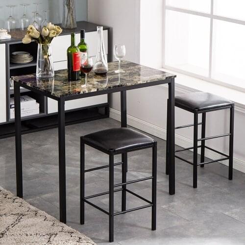3pcs Marble Face High Dining Table Chair Set ​1 Table 2 Stools PU Padded Seat Home Furniture Study Computer Desk Bar Pub Black