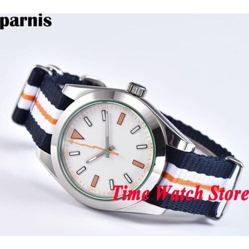 40mm Parnis white sterile dial orange flash hand sapphire glass Nylon strap Mechanical Automatic movement mens watch 1064
