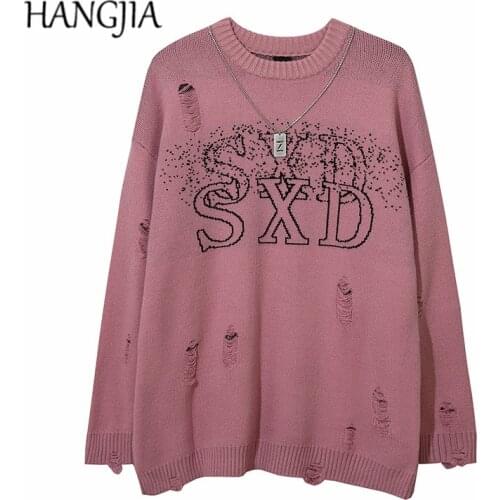 Harajuku Men Pink Letters Printed Knitwears Jumper Women Oversized Hip Hop Streetwear Washed Distressed Hole Ripped Pullovers