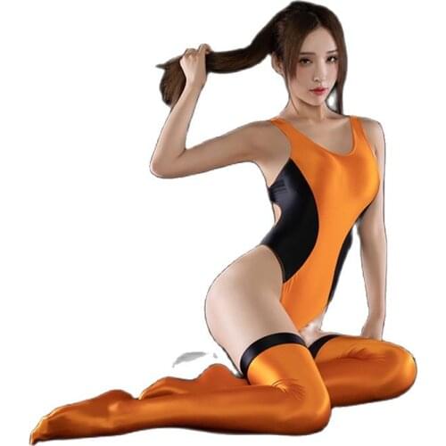 2pcs/set Glossy Shiny Bodystocking Sexy Japanese Cosplay Swimsuit Sukumizu Contrast Color High Cut Bodysuit Bathing Suit Body