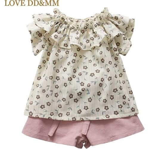 LOVE DD&MM Girls Sets 2021 Summer New Childrens Clothing Girls Ruffled Flower Shirt + Solid Color Lace Shorts Two-Piece Suit