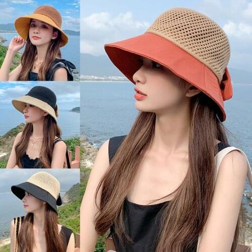 New Summer Hats For Women Knitted Breathable Foldable Sun Hat With Bow Sun Protection Sunshade Korean Beach Hat Cap Travel