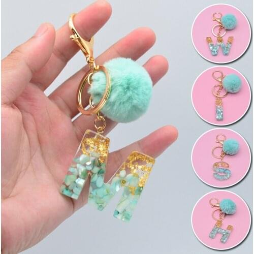 Cute Pompom 26 Letter Pendant Keychains for Women Car Acrylic Glitter Keyring Holder Charm Bag Couple Bag Gifts