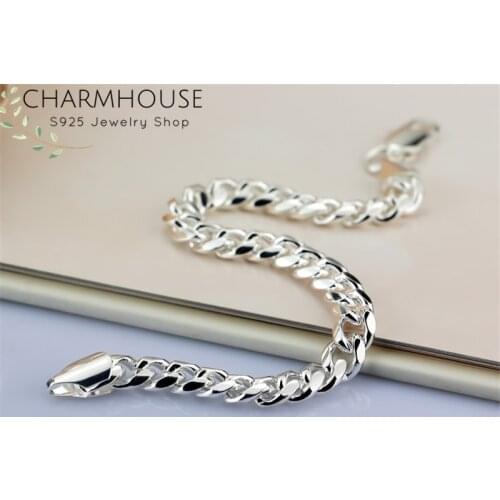 Charmhouse Solid 925 Silver Bracelets for Men 10mm Link Chain Bangle Bracelet Wristband Pulseira Femme Wedding Bridal Jewelry