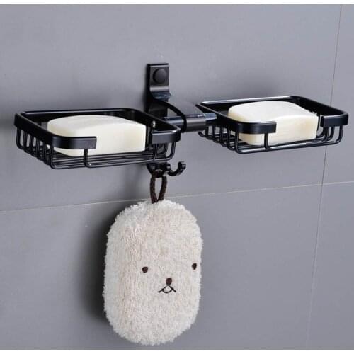 Bathroom Black Space Aluminum Soap Shelf Double Dish Holder Shower Wall Mounted Decorative Soap Dishes Box Basket Square etagere