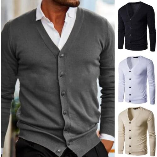Autumn Winter Men Sweaters Trendy Solid Color Knitted Cardigan Comfy SweaterOpen Front Coat V-Neck Outerwear Men 's Clothes