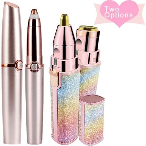 Portable 2 In 1 Electric Eyebrow Trimmer Mini Painless Pen+Lady Eyebrow Shaver Lipstick Shape Epilator Facial Body Bikini USB