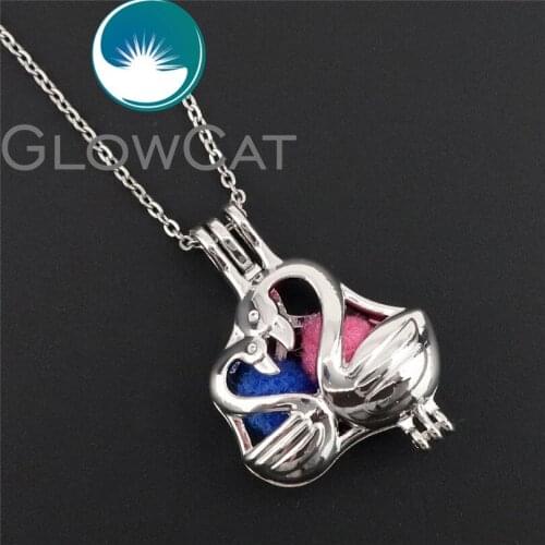 R-K641 Couple Lover Swan Beads Cage Essential Oil Diffuser Oyster Pearl Cage Locket Pendant Necklace Kids Girls Women Gifts