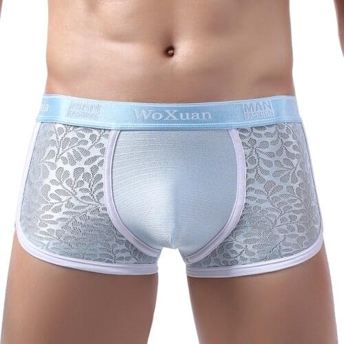 Mens Boxer Shorts Sexy Sissy Slip Homme Underwear Trunks Ropa Interior Lace Pattern Breathable Underpants Calzoncillo Panties