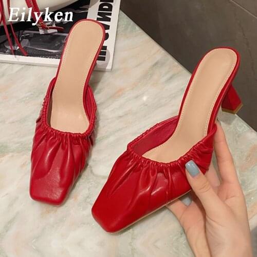 Eilyken Women Low Heel Mules Pleated Pumps Sandals Fashion Slipper Pointed Toe Shallow Slip on Slides Shoes Zapatos Mujer