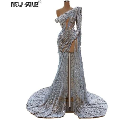 Generous Beading Dubai Evening Dresses 2020 One Shoulder Dubai Aibye Rhinestone Party Gowns Split Slit Women Prom Dress Vestidos