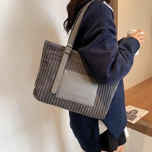 Corduroy Leather Women Patchwork Shoulder Bag Soft Plush Stripes Design Handbag Female New Satchels Cloth Fabric Tote For Ladies