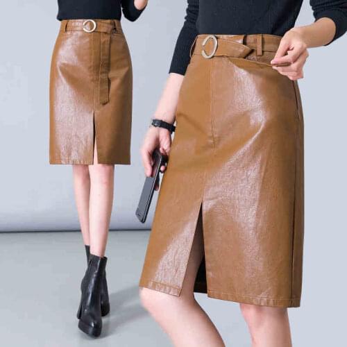 Women Pu Leather Skirt Wrap Hip Over The Knee Leather Skirt Autumn Female Belt High Waist Split Package Hip Skirt Brown W1008