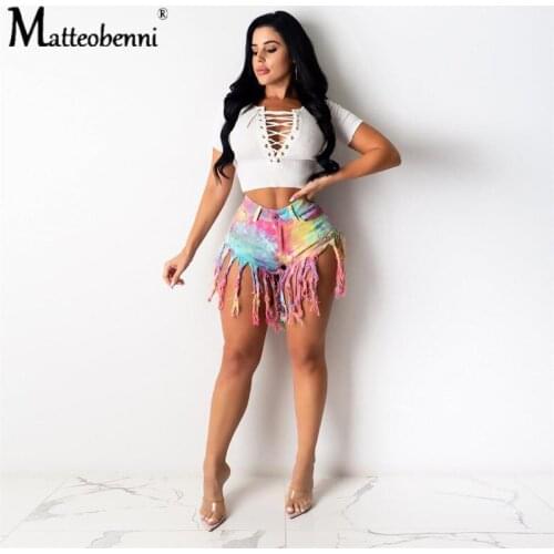 Tie Dye Print Jean Shorts Women Tassel Ripped Jeans For Women High Fashion Womens Clothing 2020 Sexy Fringed Shorts Jeans