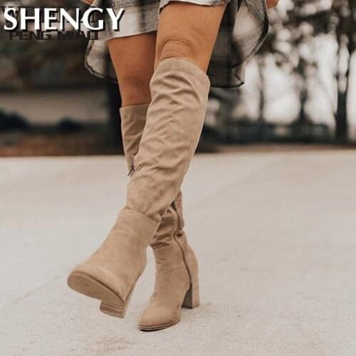 Women Knee-High Boots Sexy High Heels Solid Color Women Shoes Zip Winter Warm Flock Fashion Pointed Toe Rome Females Boots
