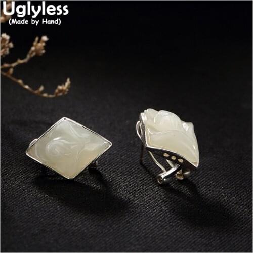 Uglyless Real 925 Sterling Silver Nature Jade Stud Earrings Engrave Rose Brincos Bijoux Vintage Rhombus Studs Women Fine Jewelry