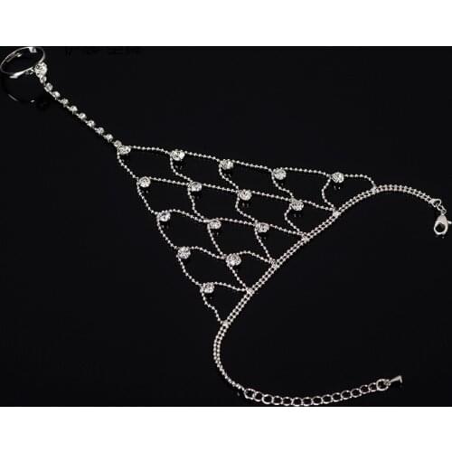 Bohemia Women Bangle Net Mesh Hand Chain Bracelet with Finger Ring Crystal Belly Dance Bracelets Bridal Party Jewelry for Women