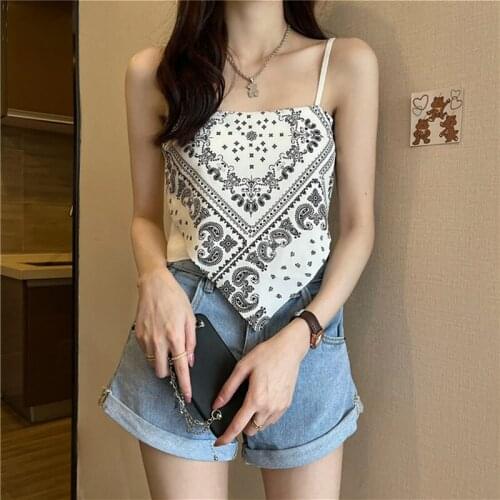 Summer Rayon Womens Top Slash Neck Sleeveless Pullover Halter Print Asymmetrical Korean Style Fashion Vintage Top