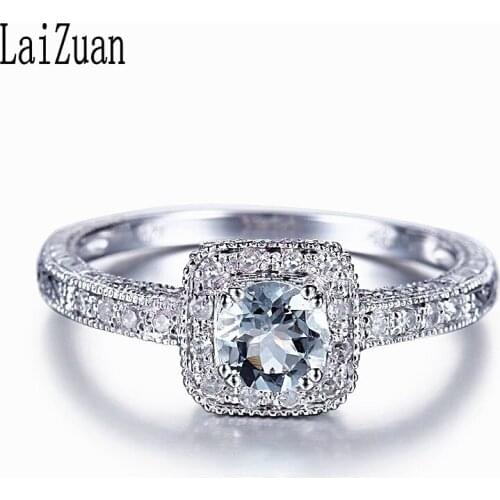 LaiZuan Solid 18k (AU750) White Gold 0.41ct Natural Liaghtest Blue Aquamarine Diamond Engagement Ring Women Vintage Fine Jewelry
