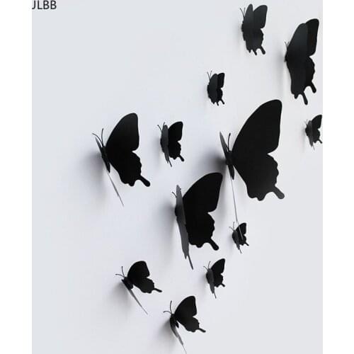 12Pcs/set 3D black Pteris Butterfly Wall Sticker living room Home Butterflies decorations Magnet stickers wedding decoration