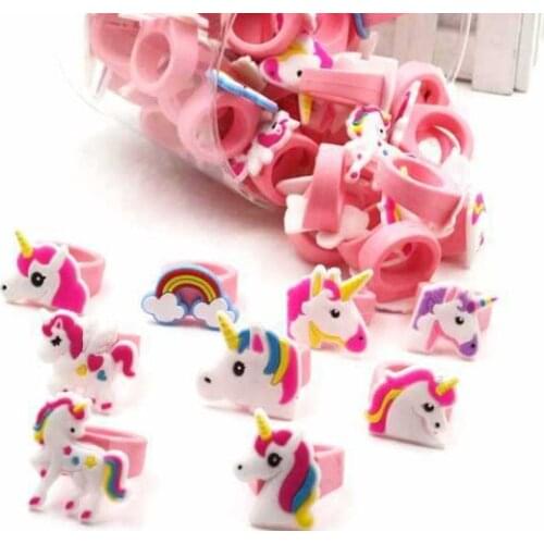 200PCS Unicorn Shape Multicolor PVC Rings Cartoon Rings Mini Charm Birthday Gift Toys