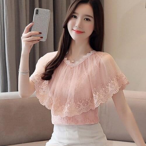 2021Fashion Lace Solid color Casual Ladies Shirt ladies tops Women Short Sleeve Korean style Blouse