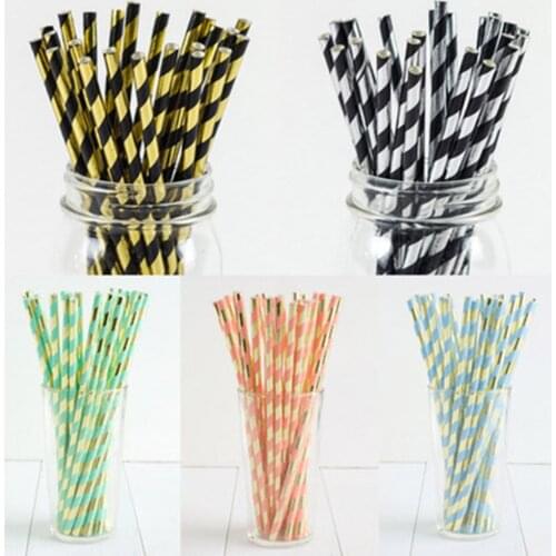 25 Pcs Foil Rose Gold Star Stripe Dot Paper Straws Gold Foil Stripe Paper Straws Silver Foiled Wedding Birthday Party Supplies