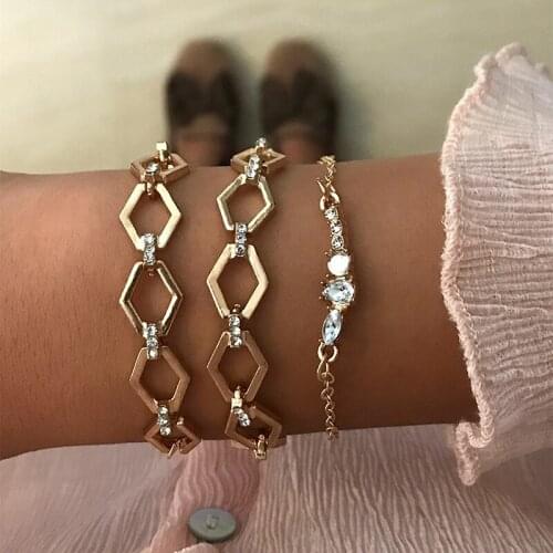 3 Pcs/Set Bohemia Women Bracelets Set Irregular Crystal Rhombus Chain Gold Bracelet Fashion Birthday Party Female Jewelry Gift