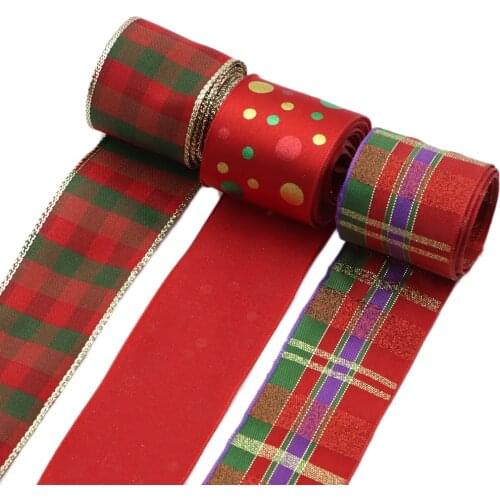 5 Yards 40mm Christmas Red Green Dot Plaid Wired Satin Ribbon DIY Holiday Festival Decoration Gift Wrapping Wreath Ribbon