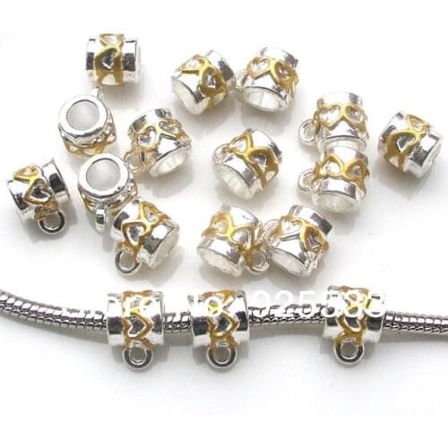 Free shipping 50pcs 8x10mm big hole heart design silver metal yellow oil-drip beads fit European bracelet jewelry DIY