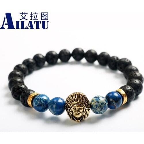Ailatu Brand Jewelry Micro Pave Cz Mohican Head Charm with 8mm Lava Stone and Blue Imperial Stone Beads Men Bracelet