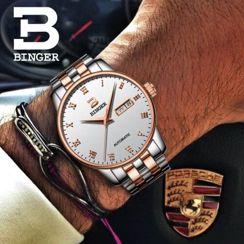 BINGER Luxury Men Classic Date automatic Mechanical Watch Self-Winding Skeleton Black Leather/Stainless Steel Strap Wrist Watch