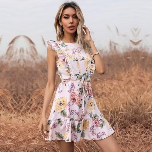 Women Flying Sleeve O Neck Floral Print Dress Summer High Waist Ruffle Patchwork Boho Casual Streetwear Beach Party Mini Dresses