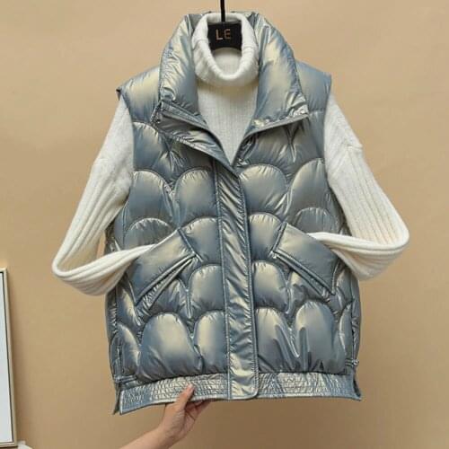 Glossy Short Winter Vest Women Jacket Waistcoat Mujer Chaqueta Loose Warm Ladies PocketThick Sleeveless Down Cotton Vest Female