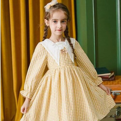 Korean Preppy Style Plaid Dress For Girls Autumn Spring Fashion Peter Pan Collar Long Sleeve Knee Length Gowns Children Clothes