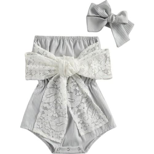 2021 Summer Fashion Infant Baby Girls Clothes Bodysuits Lace Floral Bow Sleeveless Off Shoulder Button Jumpsuits Headband