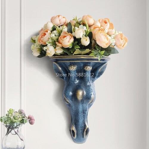 Resin Animal Head Wall Vase Home Decoration Hanging Mural Crafts Livingroom Fake Flower Pot Ornaments Pendant Art Wedding Garden