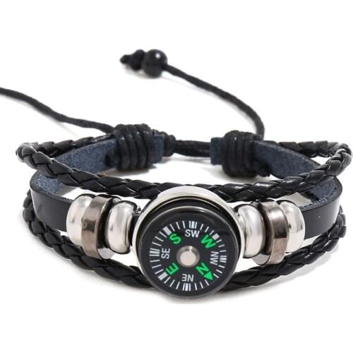 Outdoor Survival Compass Leather Bracelet for Men Women Charm Multilayer Braid Rope Bangle Handmade Jewelry Wristband Wholesale