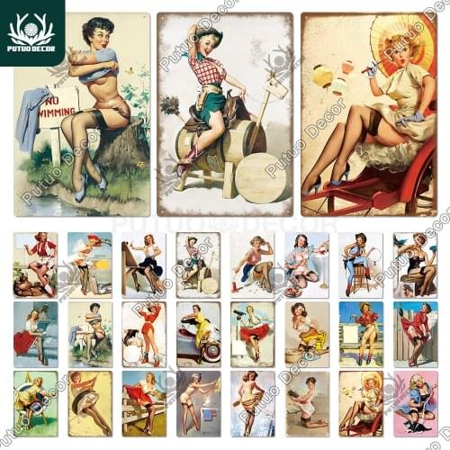 Putuo Decor Pin Up Girl Vintage Sexy Metal Tin Sign Poster Decorative Plaque Bar Pub Club Man Cave Decor Retro Wall Decoration