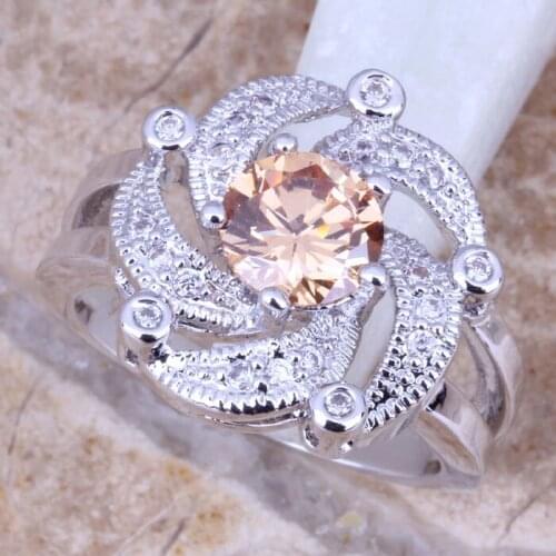 Rare Champagne Morganite White CZ Silver Plated Womens Ring Size 6 / 7 / 8 / 9 R0981