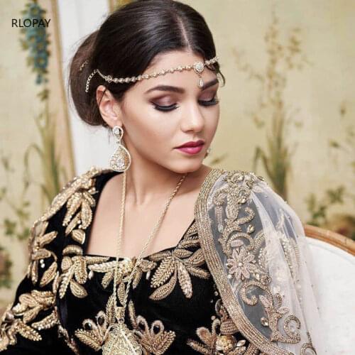 Arabic Luxury Hair Chain Shining Golden Head Piece for Bridal Crystal Wedding Headpieces Sweet 16 Party Decorations