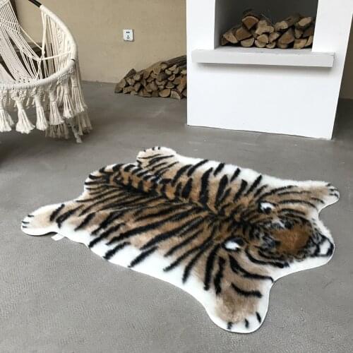 Tiger Print Rug Artificial Tiger Wool Faux Fur Skin Leather Bathroom Anti-slip Mat Animal Print Carpet for Home 110x85cm