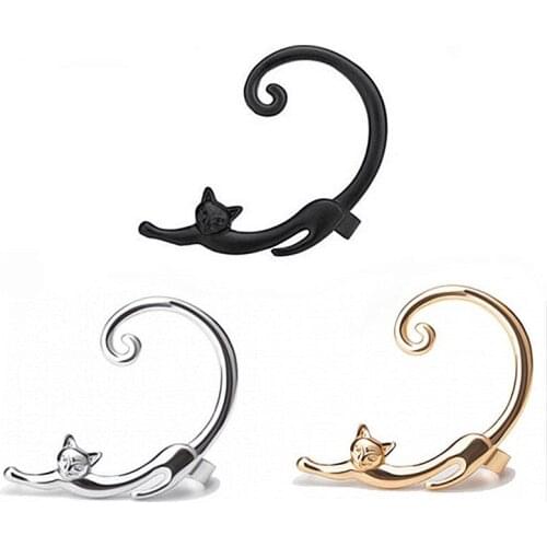 Punk Style Gold Color Silver Plated Cat Post Earring With Ear Cuff Rock Animal Black Stud Earring Women 2021 Ear Wrap 1PCS