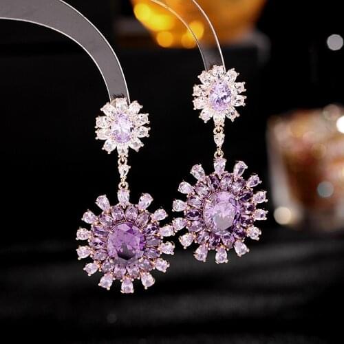 Luxury Purple Yellow Cubic Zirconia Stone Sunflower Drop Earring Women Party Bohemian Ethnic Earrings for Wedding Prom Jewelry