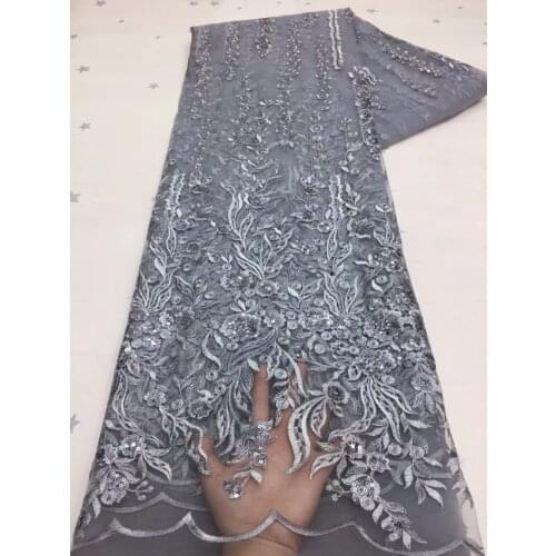 5yards/pc) Gray color African French net lace beautiful embroidered tulle lace fabric with sequins for party dress FZX070